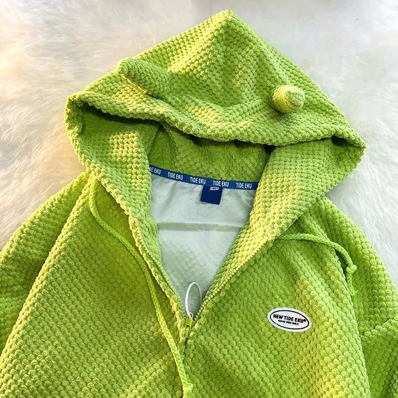 

Waffle Sweater Hip Hop Cardigan Hooded Loose Couples Jacket Horns Hat Sweatshirt Kawaii coat vintage clothes size Polar fleece