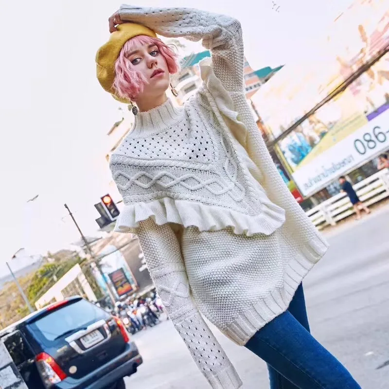 Женский пуловер оверсайз TEELYNN теплый толстый свитер с оборками свободная