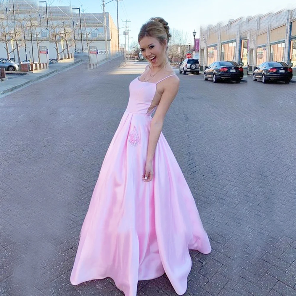 

Scoop Pink Prom Dresses Long Side Triangle Sexy Satin Formal Evening Dress Pockets Open Back Prom Gown