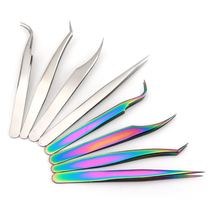 

50sets 4pcs/set TOP quality Stainless Steel Tweezers rainbow color Straight Bend Multifunction eyelash tweezers