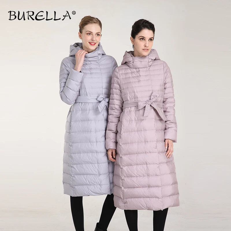 Женский пуховик с высоким воротником BURELLA зимний до колена длинными рукавами и