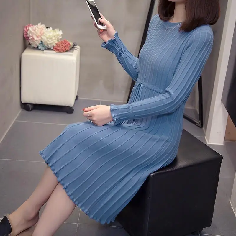 Длинное женское платье с круглым вырезом 2019 осеннее зимнее теплое