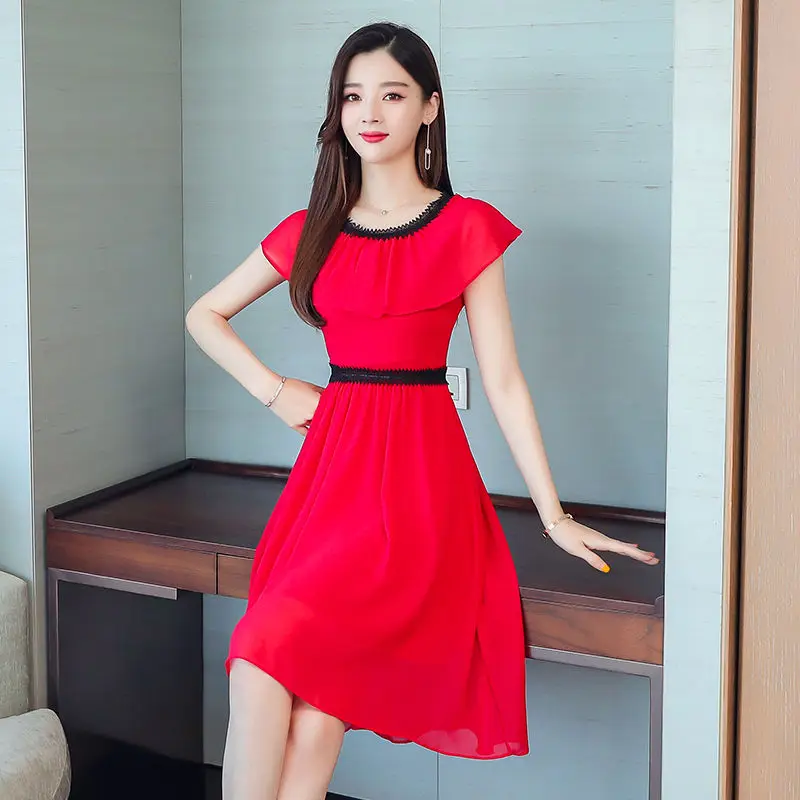 

Women's Dress For summer O-Neck Short sleeve Ruffles Thin section Chiffon red white fashion temperament Women's Dresses SS3261