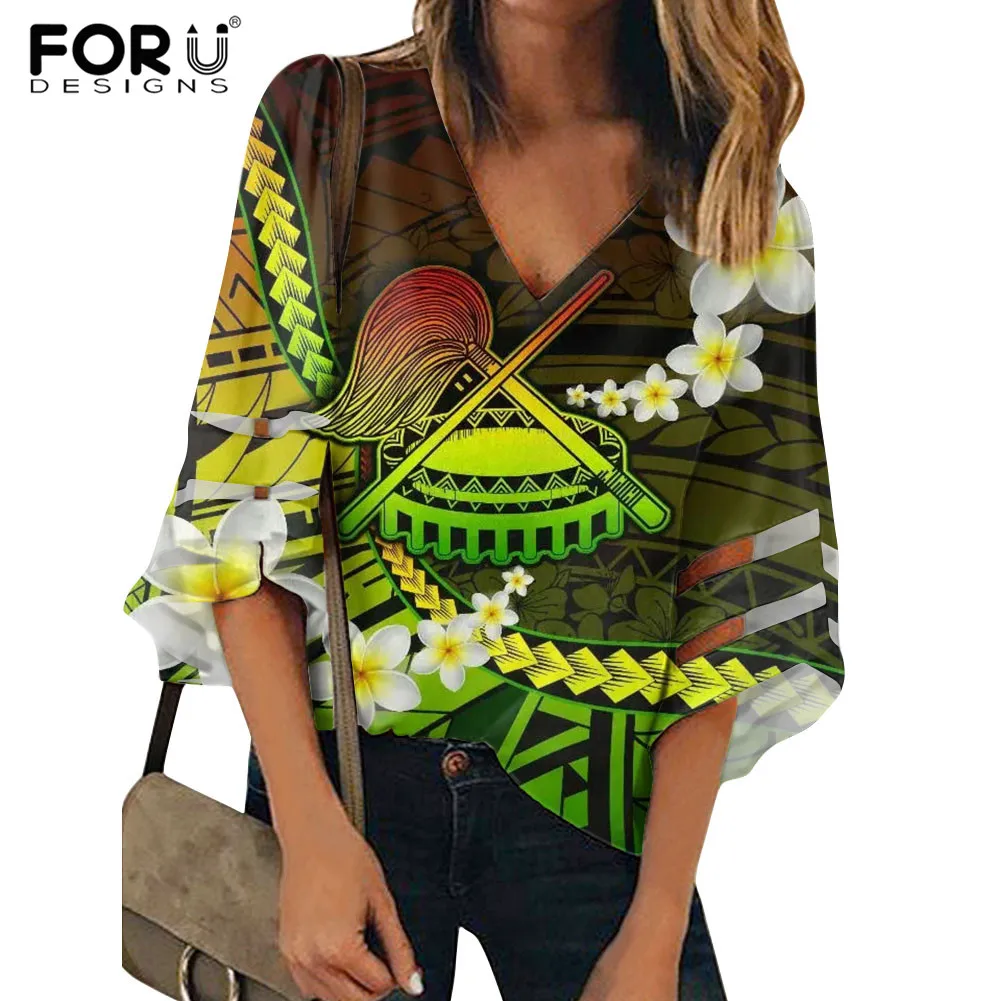 

FORUDESIGNS Polynesian Samoan with Plumeria Pattern Summer Loose Shirt for Female Casual Sexy Breathable Half Sleeve Tops
