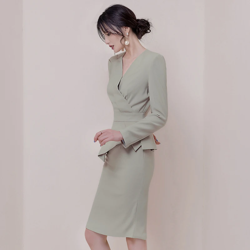 2019 осеннее Новое Элегантное зеленое вечернее платье с длинными рукавами и v