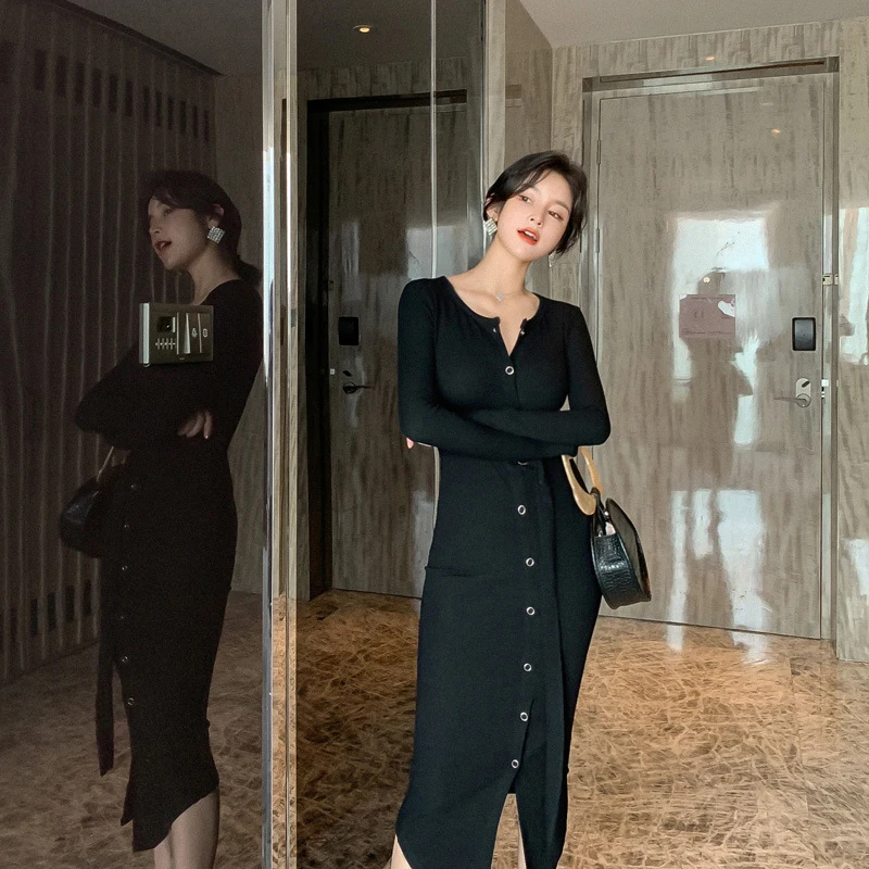 2019 корейское стильное длинное платье с разрезом женские облегающие платья