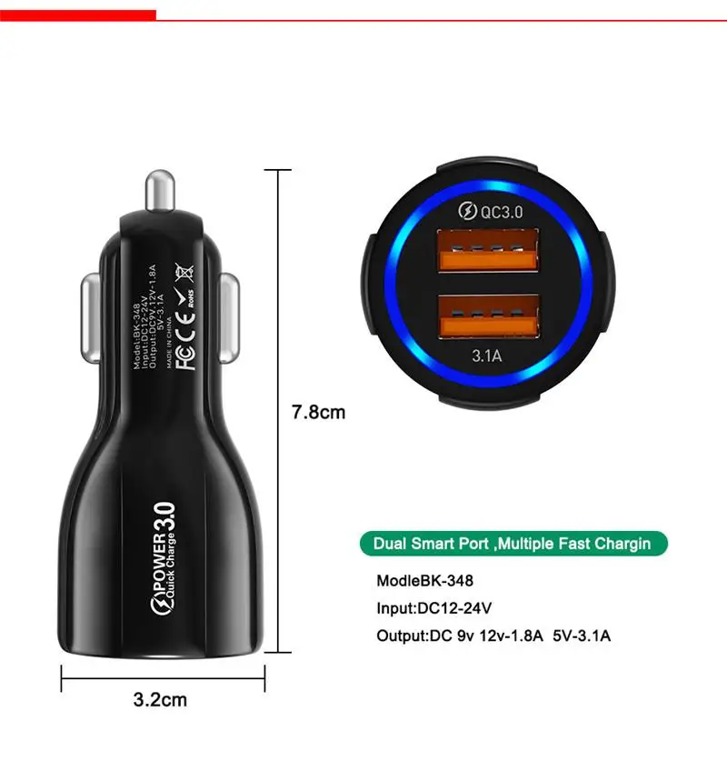 Car Charge USB QC 3.0 With LED Display Universal Mobile Phone Dual Charger Fast Charging Adapter for iPhone Huawei Nokia | Мобильные