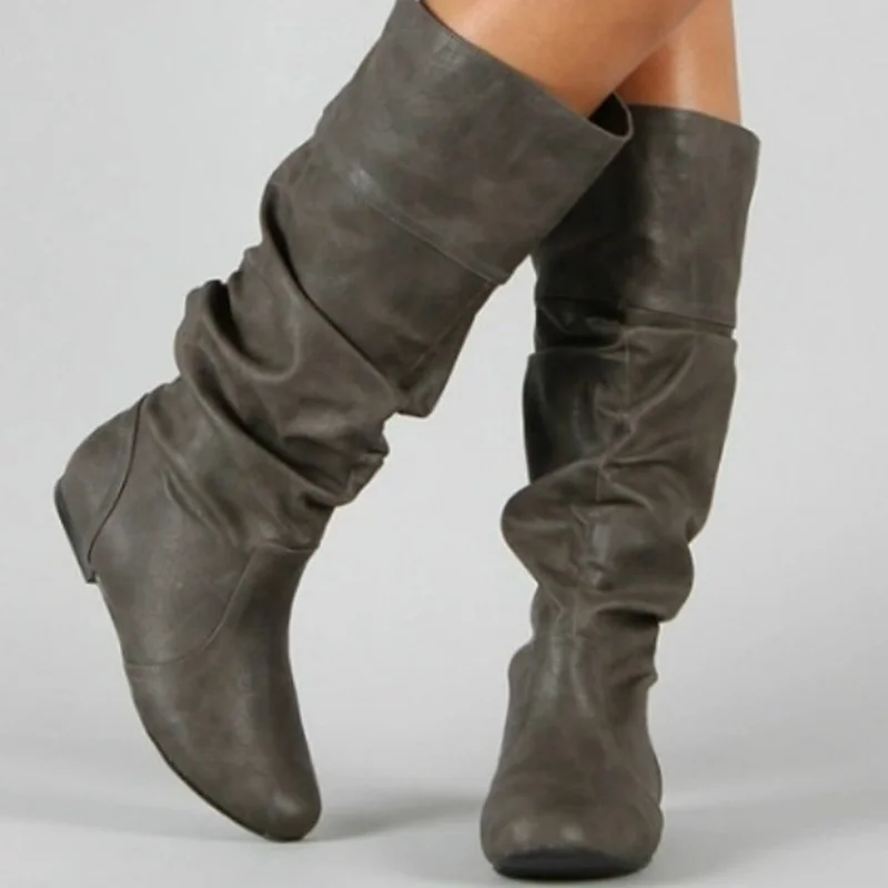 

Women Knee High Boots Autumn Size 43 Woman Shoes Fashion Female Slip-on Folds Low Heel Round Toe Flat Long Boots Botas De Mujer