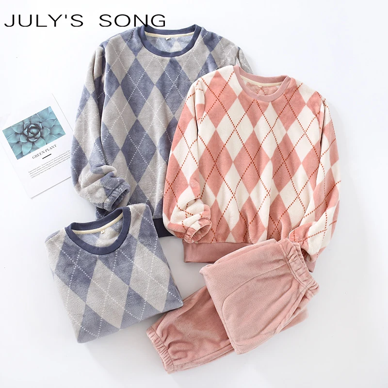 

JULY'S SONG Plaid Couple Flannel Sleepwear 2Pcs Thicken Warm Pajamas Set Autumn Winter Casual Women Nightwear O-neck Men Pyjamas