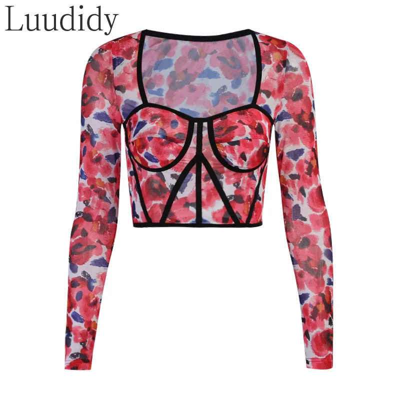 

Women Fashion Square Collar Nine Quarter Sleeve Floral Print Slim Short Blouse