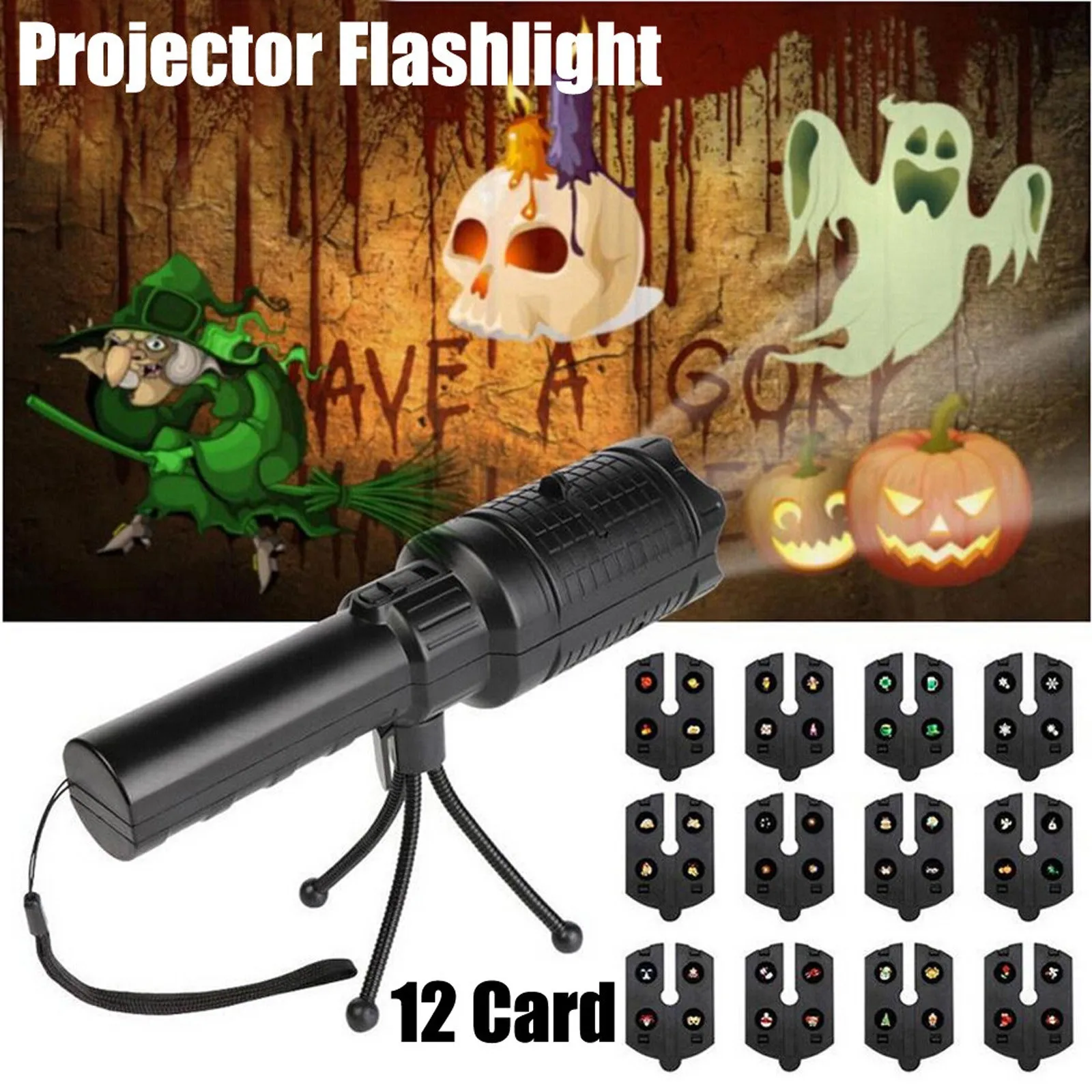 

Halloween Projection Lamp ghost Witch Pumpkin Skeleton Pattern Projector Flashlight Card Insertion Projector Lights Indoor