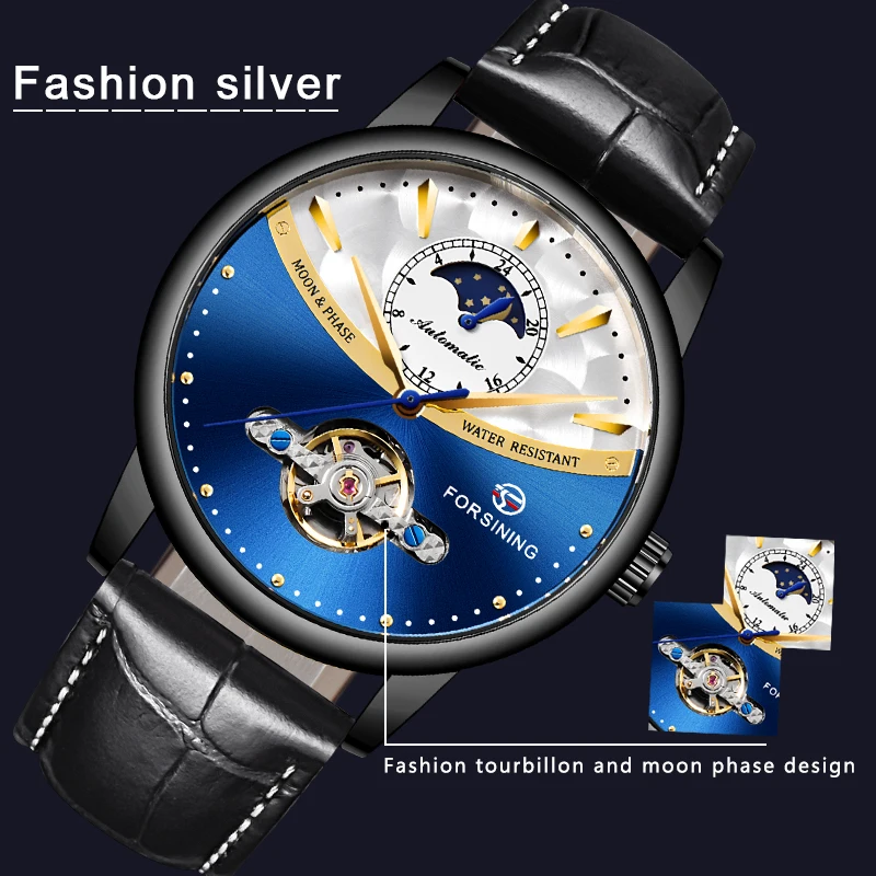 Forsining Tourbillon автоматические мужские часы Moonphase синий дизайн натуральная кожа