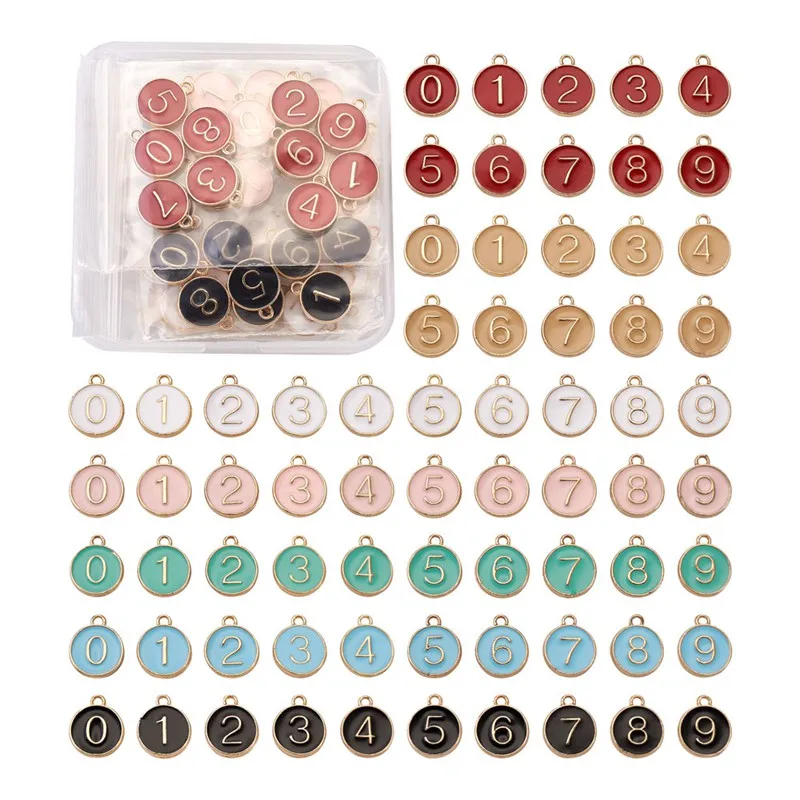

70pcs Alloy Enamel Charms Pendant Enamelled Sequins Flat Round Number 0~9 Mixed Color for Jewelry Making DIY Bracelet Necklace