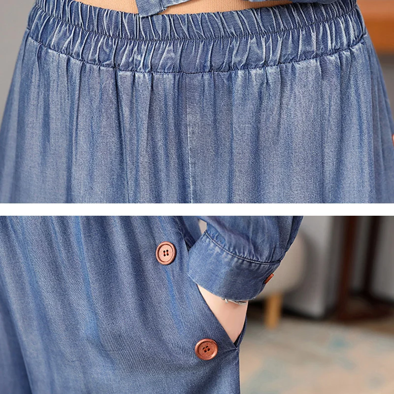 

Women Glossy Denim Tee Crop Tops and Elastic Wide Leg Pants Ladies Korean Elegant Mom Clothes Jean Two Piece Sets Summer