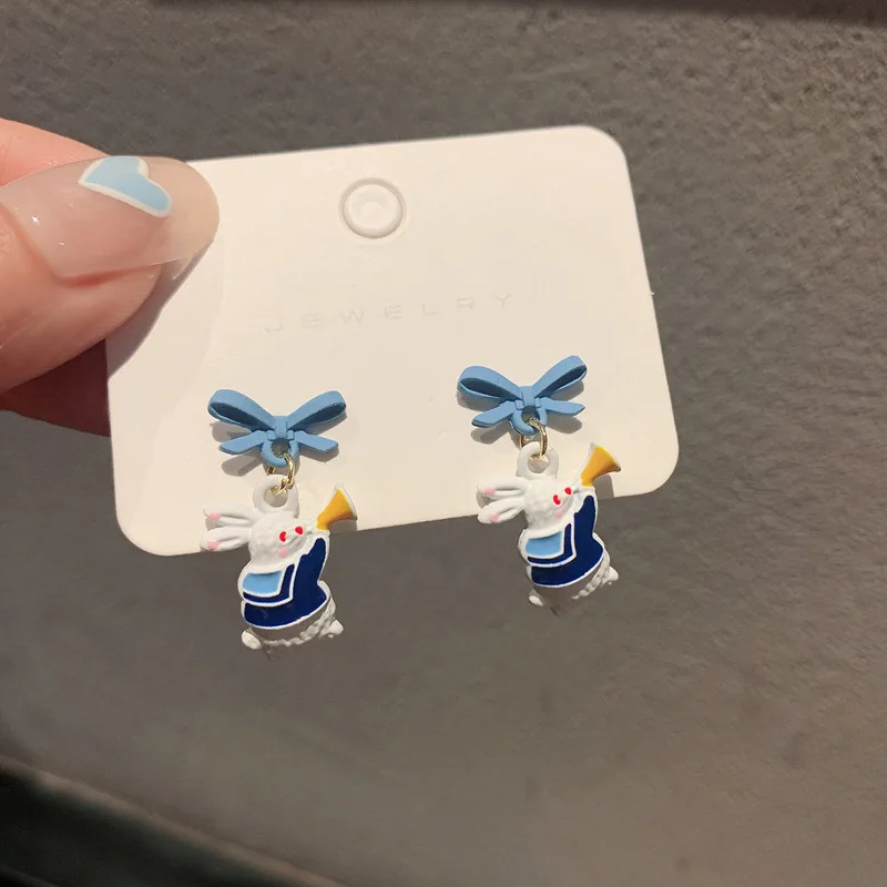 

S925 Silver Needle Girl Blue Bow Earrings Korean Cute Bunny Ear Studs Graceful Mori All-Match Earrings