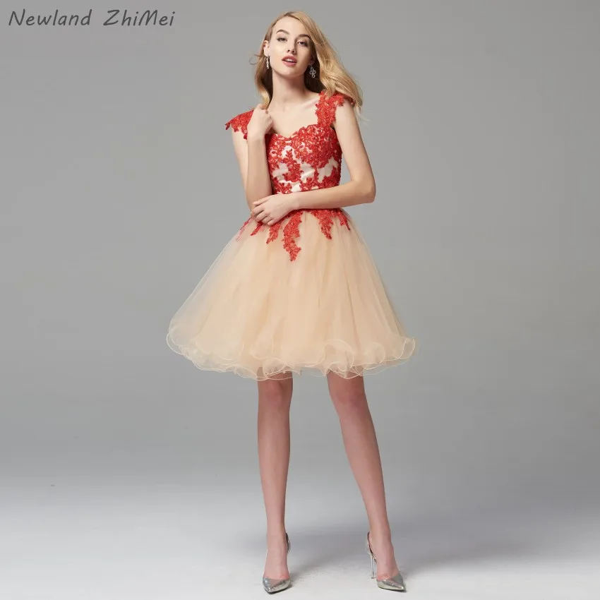 

Newland ZhiMei Sexy Two Pieces Cocktail Dress Elegant Cap Sleeve Applique Bead Tulle A Line Short Graduation Derss 2020