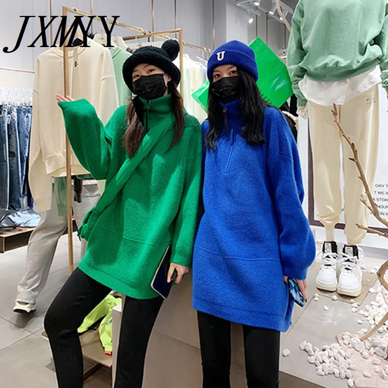 

2022 Autumn And Winter New Products Fashion Casual Simple Loose High-Neck Zipper Lazy Blue All-Match Sweater Women's Clothing