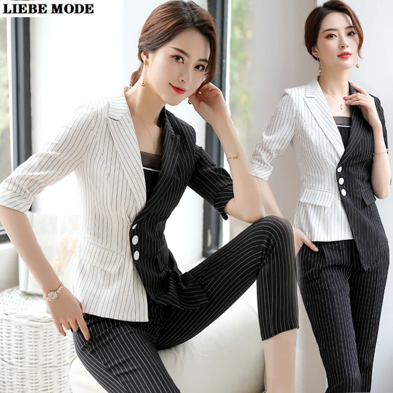 Женские черно белое лоскутное изделие в полоску Формальные костюмы для женщин 2