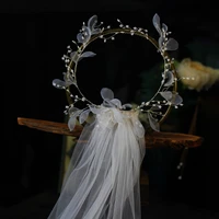 v667 delicate white marriage bridal veil one layer soft tulle cute edge wedding bride veil with organza floral beads hoop