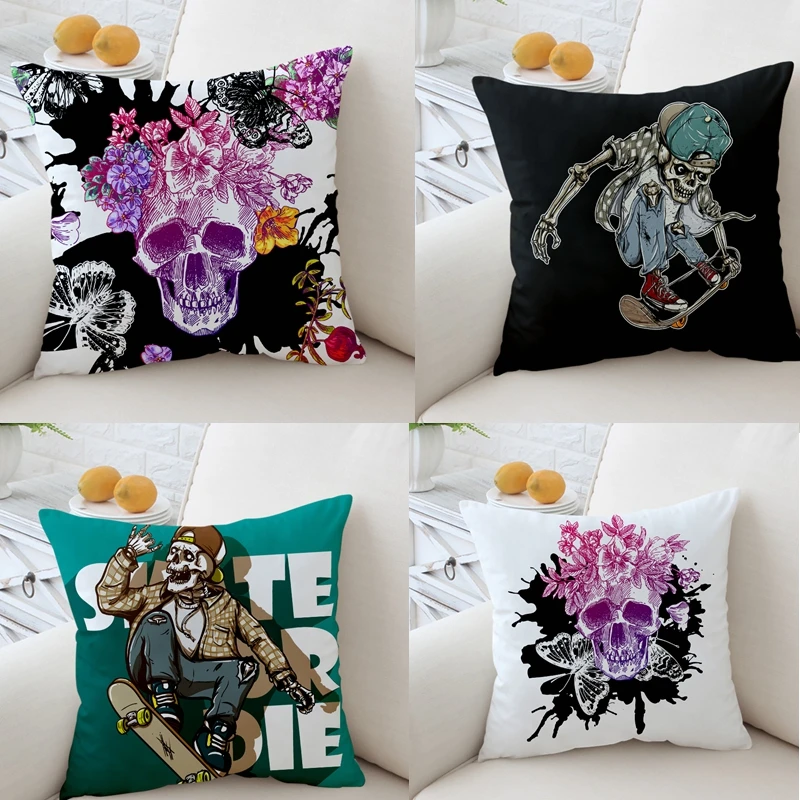 Наволочка в стиле ретро с изображением черепа скейтборда бабочки разноцветная