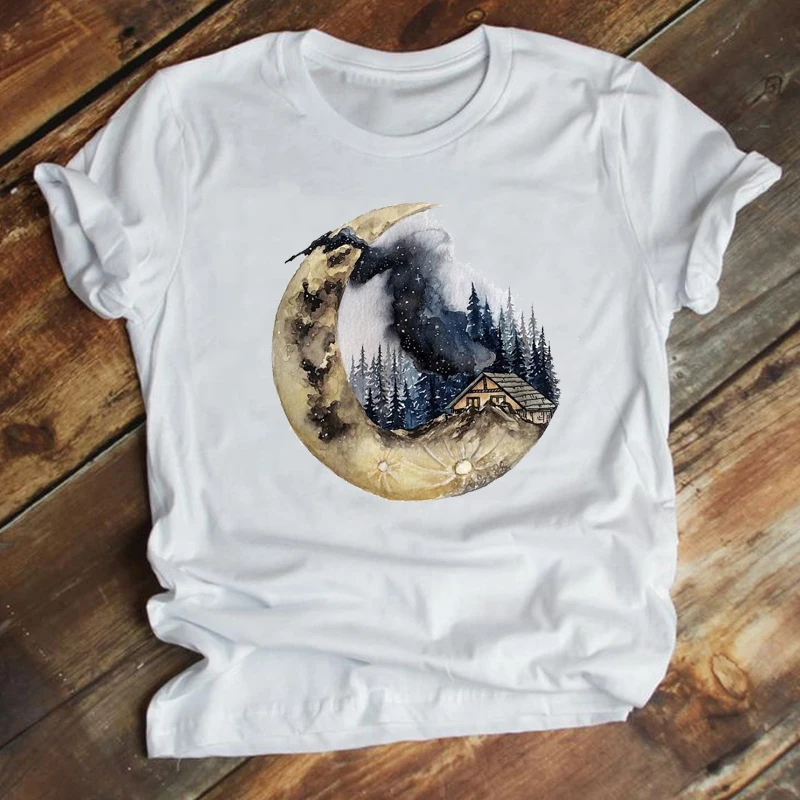 

Women Casual Watercolor Cartoon Space Forest Short Sleeve Summer 90s Fashion Clothes Print Tshirt Female Tee Top Graphic T-shirt