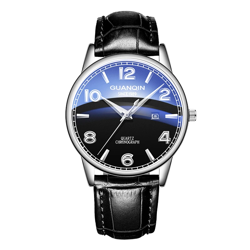 silver black black Горячая GUANQIN мужские часы модные Дата светящиеся водонепроницаемые устойчивые к царапинам наручные часы носимые спортивные кожаные кварцевые часы - Цвет: silver black black