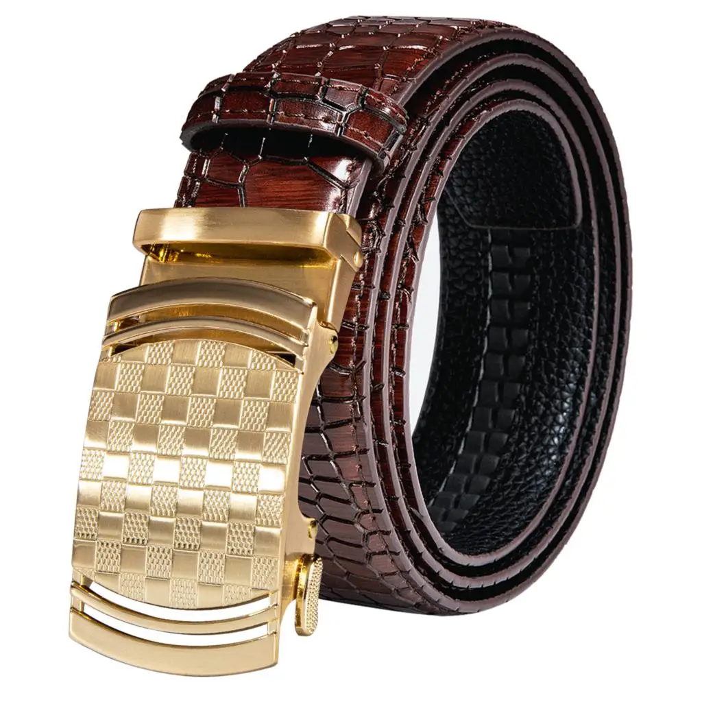 

Top Quality Red Burgundy Genuine Leather Mens Belts Designer Gold Automatic Buckles Waistband Ratchet for Dress Jeans Wedding