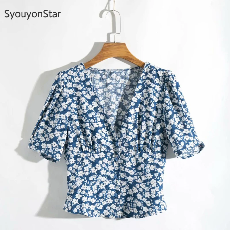SyouyonStar элегантная Цветочная блузка женская 2019 с коротким рукавом шикарный