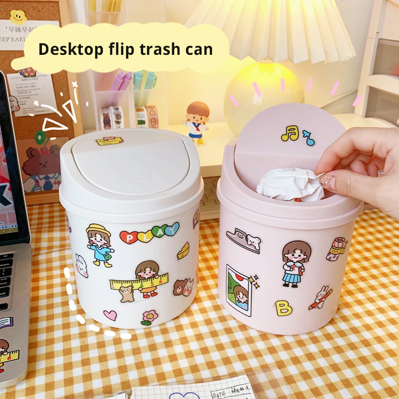 

Desktop Trash Can Mini Small Household Paper Basket With Cover on the Table Girl Lovely Stationery Office Storage Box Bucket