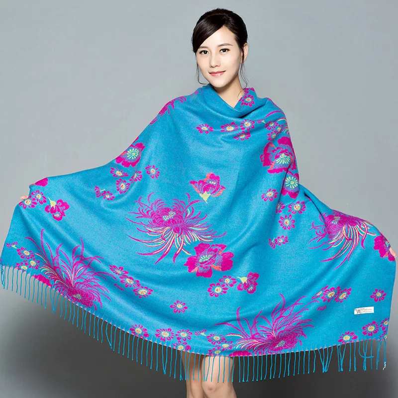 

Hole Blue Fashion Ladies Flower Jacquard Cashmere Warm Winter Wraps Scarf Shawls Female Pashmina Scarf Big Size 140*140cm