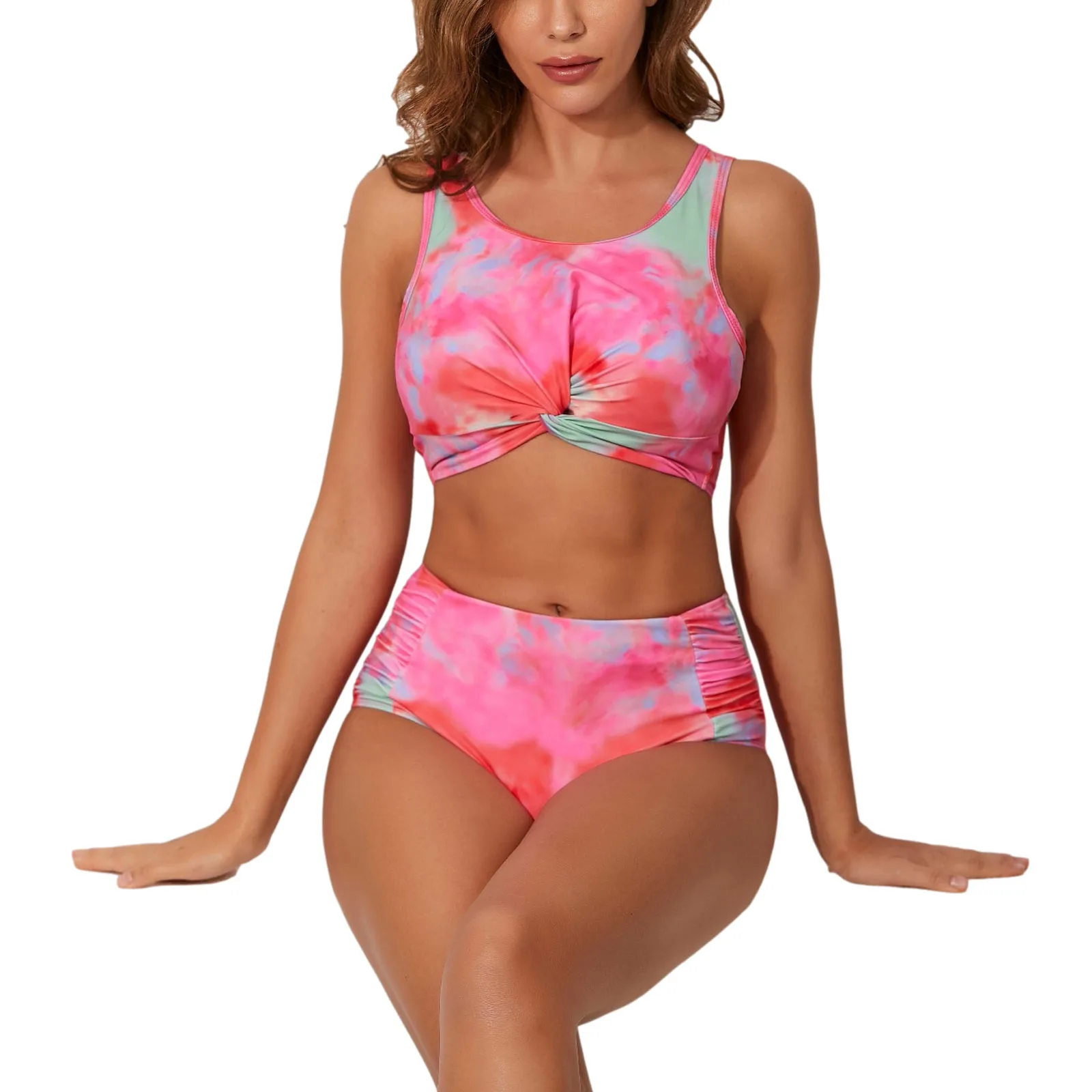 

2021 Ladies Sexy 2Pc Bikini Suits Fashion Tie-dye Printing High-waist Tie-tie Swimming Suit, Summer Beach Suit