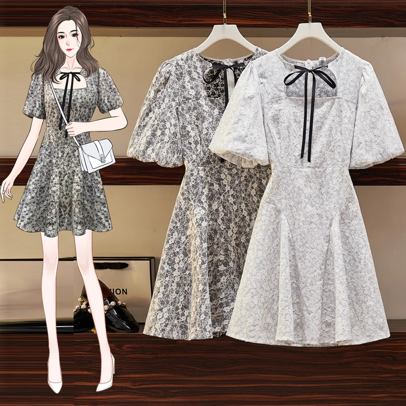 

Large size L-4XL 2021 summer new French lace floral dress hollow lace lantern sleeve a-line skirt