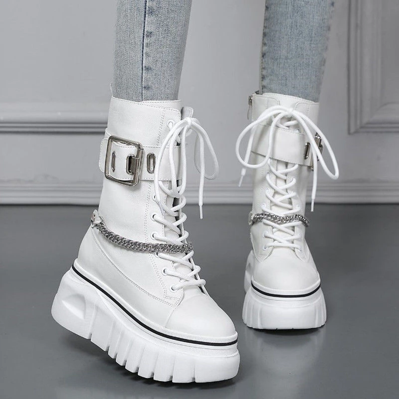

Women Boots 2021 Hot Winter Buckle Lace Up Mid-Calf Boots Women Shoes Gothic Punk Fashion Platform Boots Wedge Shoes Botas Mujer