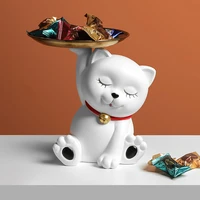 white cat sculpture with bells cartoon cat doll golden tray desktop tea bag candy storage tray living room home decor ornaments