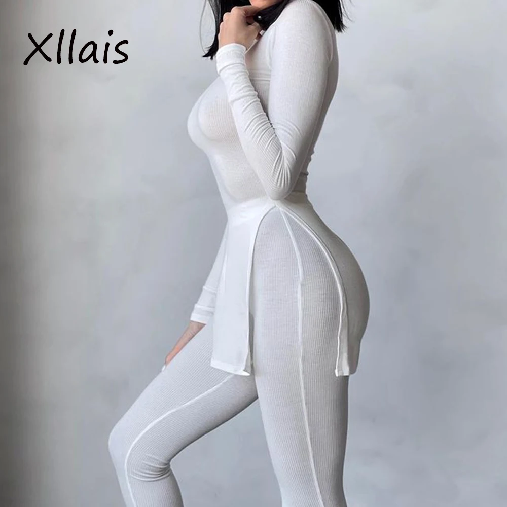 

XLLAIS Sexy Sweater Split Long Top Pencil Pants Two Piece Set Knit Rib Women Matching Outfits 2021 High Street Club Winter Wear