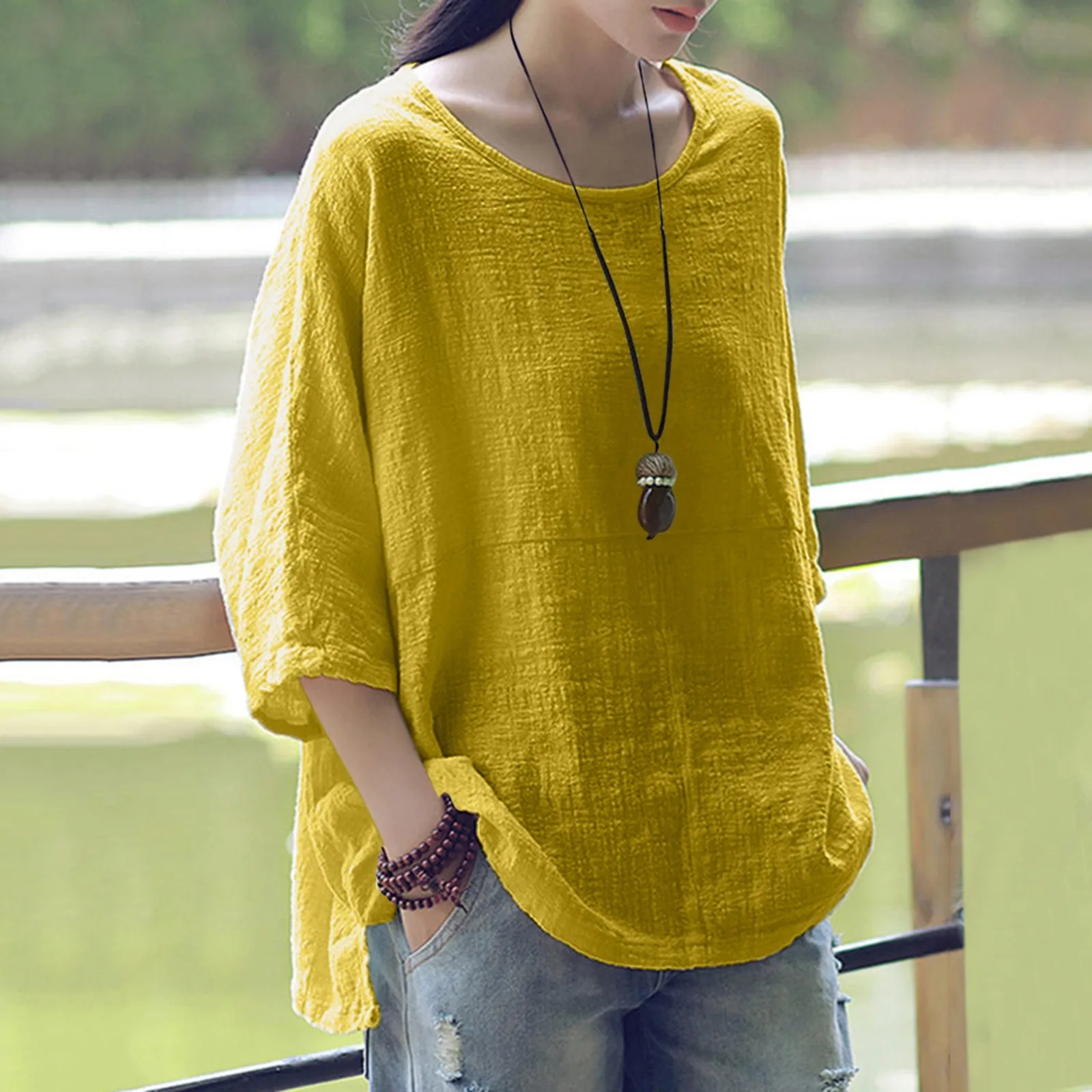 

Woman Linen Blouse Shirt Plus Size Solid Color Top Tunics Female Casual Loose Blusas Femme Summer Spring Clothes S-5xl