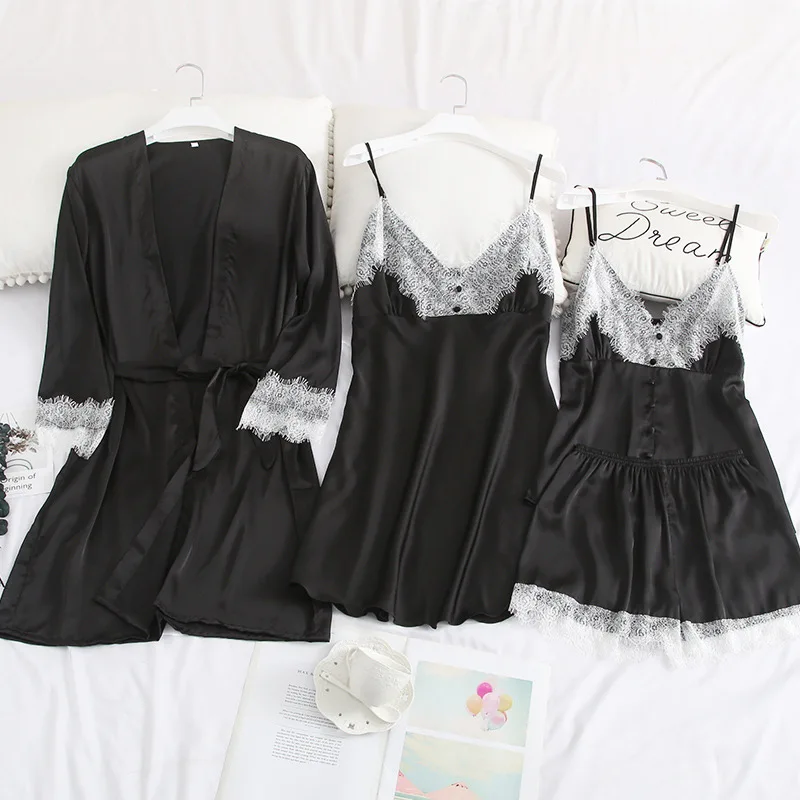 Для женщин свободный комплект для девочек ночная рубашка сатиновая одежда сна