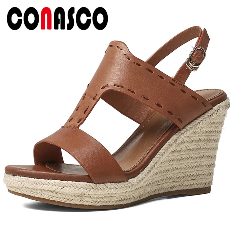 

Сандалии CONASCO женские из натуральной кожи, модные босоножки на танкетке, повседневная обувь на платформе, с открытым носком, лето 2021