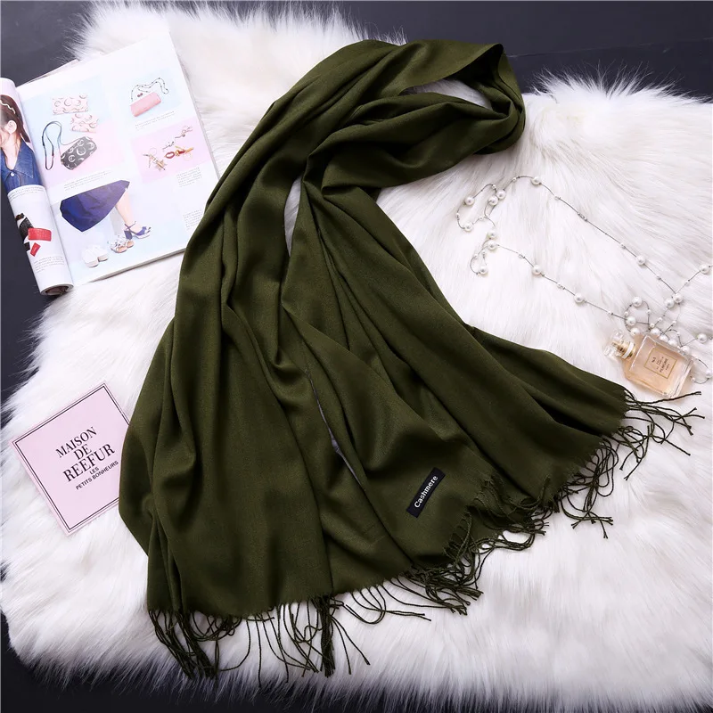 Женский Кашемир однотонного цвета, шарфы с кисточками, весенне-осенний тонкий длинный шарф, Высококачественная Женская шаль,, мужской шарф