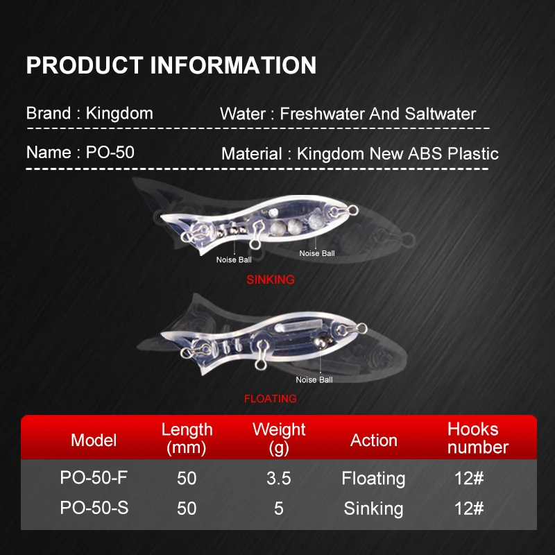 Приманки для рыбной ловли Kingdom PO-50 Popper 50 мм 3.5g 5g плавающие искусственные жесткие