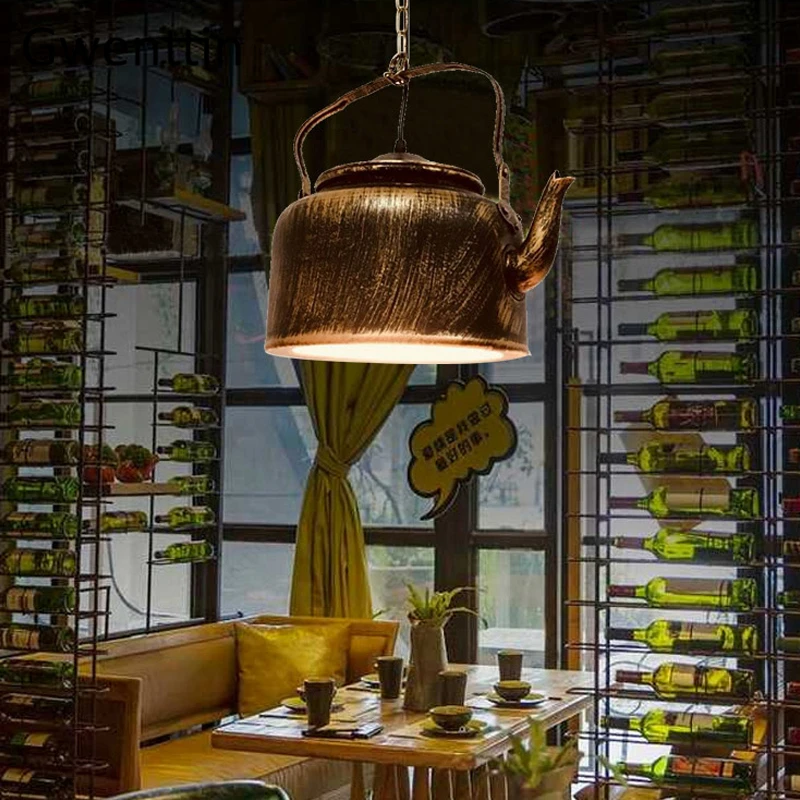 

Iron Kettle Retro Industrial Hanging Lamp for Bar Decor Dining Room Kitchen Home Decor Modern Led Light Fixture Teapot Luminaire