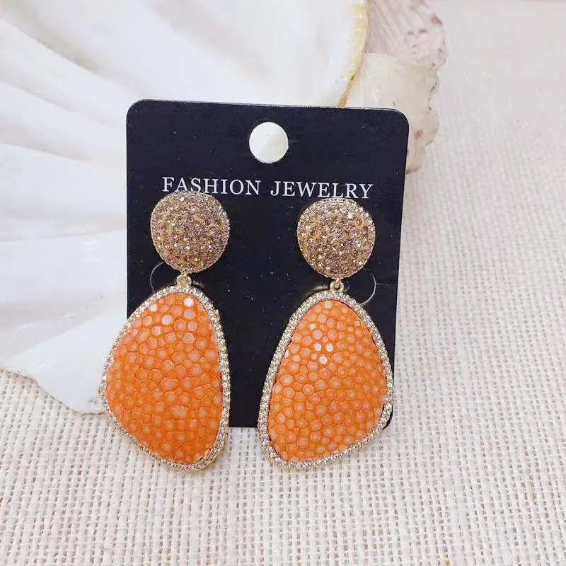 Fashion Earring Natural Hand Made Pearl fish Skin Rhinestone Bohemia personality Charm Dangle of Earring 24k Plated