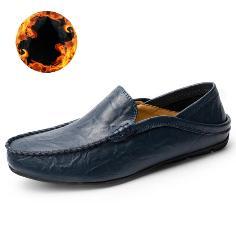 blue with Plush Г., модная мужская обувь повседневные удобные лоферы из натуральной кожи мужские мокасины дышащая водонепроницаемая обувь без шнуровки для вождения - Цвет: blue with Plush