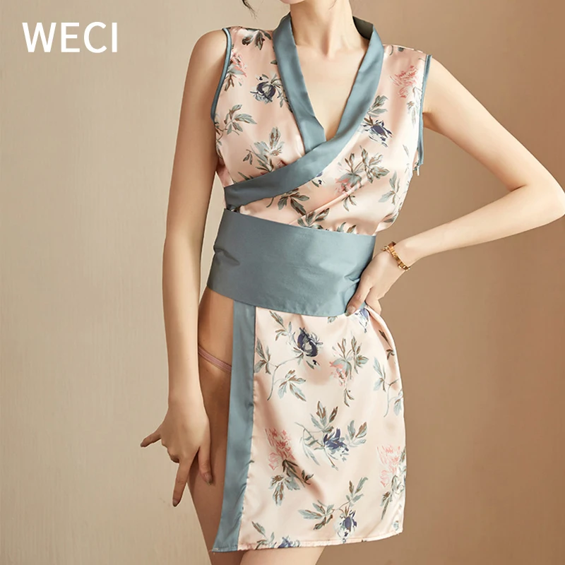 

WECI Sensual Clothes Women Sexy Satin Pajamas Kimono Classical Cheongsam Erotic Lingerie Japanese Silk Robes Beautiful Bathrobe