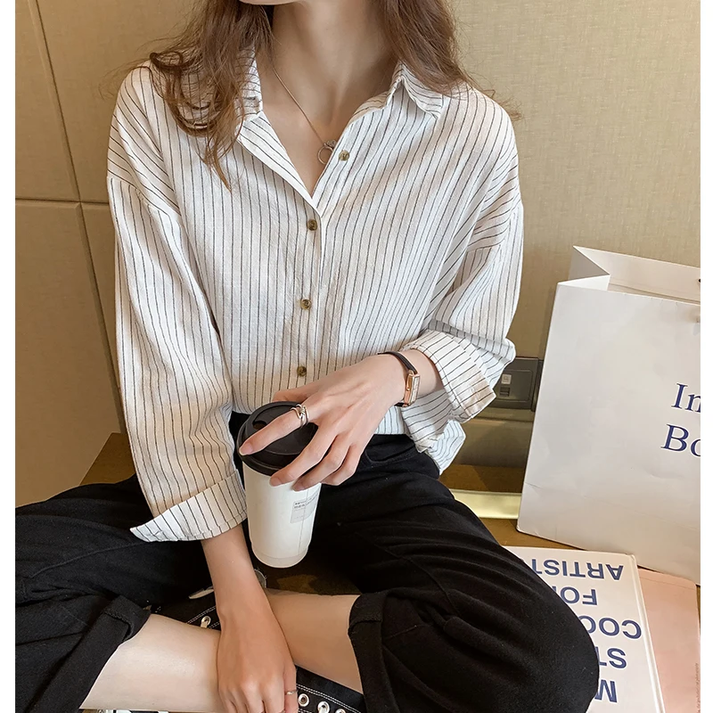 

COIGARSAM 4XL Plus Size Fashion Full Sleeve Shirt Womens tops Spring Striped Women shirts Khaki White 5840