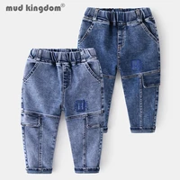 mudkingdom kids denim pants letter solid slant pocket elastic waist spring autumn casual trousers for toddler fashion clothing