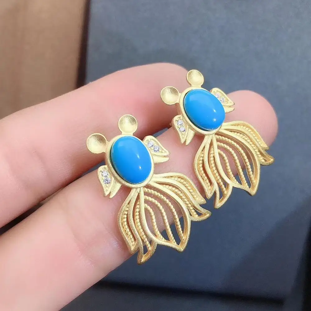 Комплект женских сережек и ожерелья из серебра натуральный голубой бирюзовый