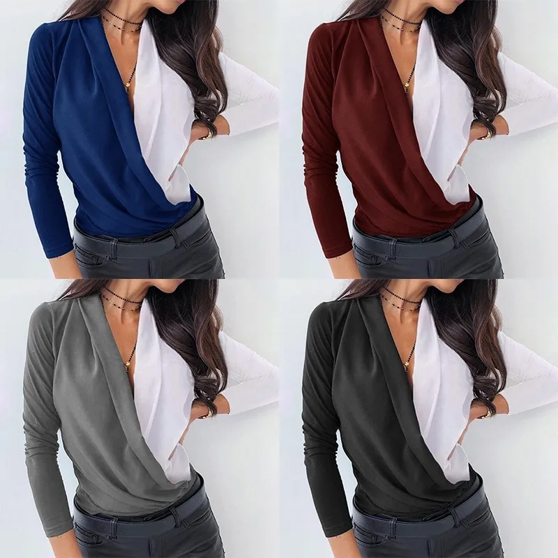 

Office Lady Sexy Ruched Blouse Women Long Sleeve Deep V-neck Pullover Casual Patchwork Shirts Blusas 2020 Spring Tops