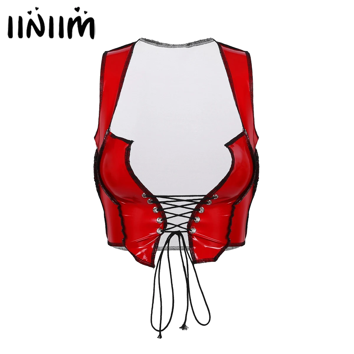 Женский модный пикантный укороченный топ из лакированной кожи со шнуровкой