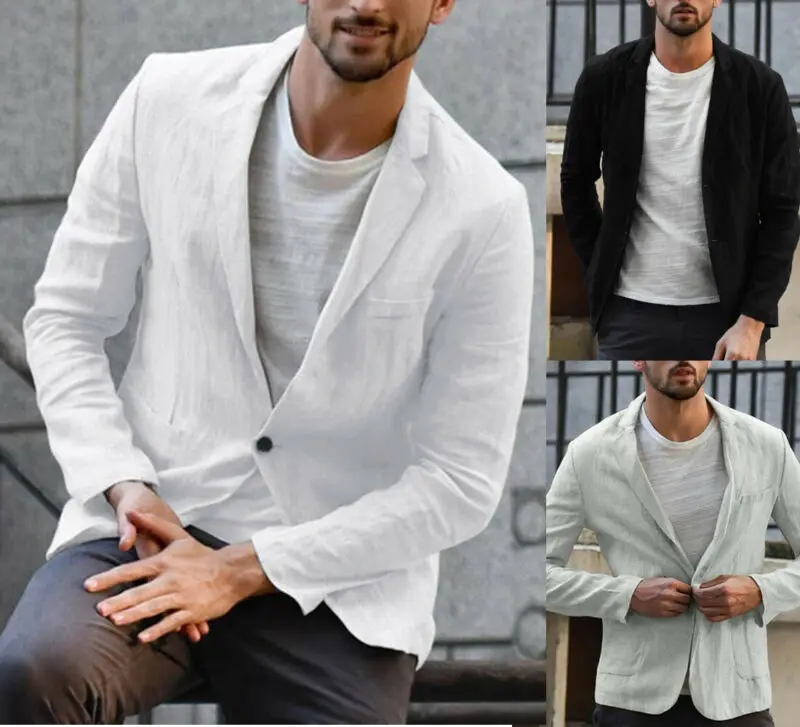 

Fashion Men Smart Casual Blazers Slim Fit Collar Cotton Coat Single Button Casual Outwear linen Jacket Coats